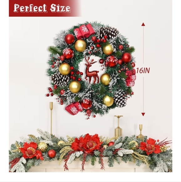 Festive Holiday Wreath with Red and Gold Accents With Lights - Picture 4 of 6